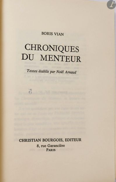 null VIAN (Boris).
Chroniques du menteur. Textes établis par Noël Arnaud.
Paris :...