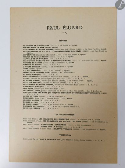 null ELUARD (Paul).
On the lower slopes.
Paris, 1941. - Brochure in-8, in sheets.

First...