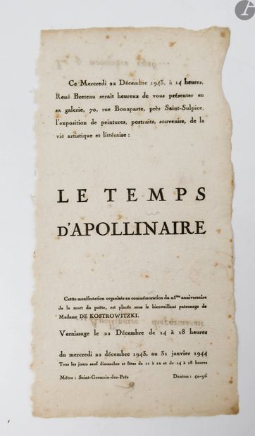 null [APOLLINAIRE (Guillaume)] GALERIE BRETEAU.
Presence of Apollinaire.
Paris :...