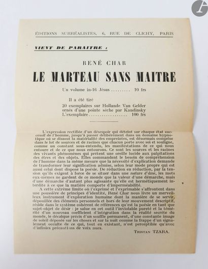  CHAR (René). Le Marteau sans maître. Paris : Éditions surréalistes, 1934. — In-16,...