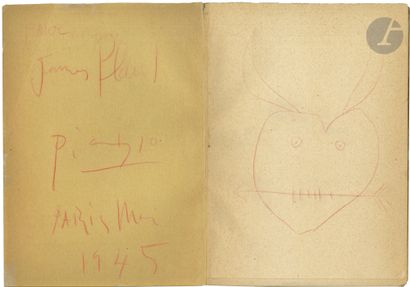  Pablo PICASSO (1881-1973). P.A.S. avec dessin, Paris mai 1945 ; sur la plaquette...