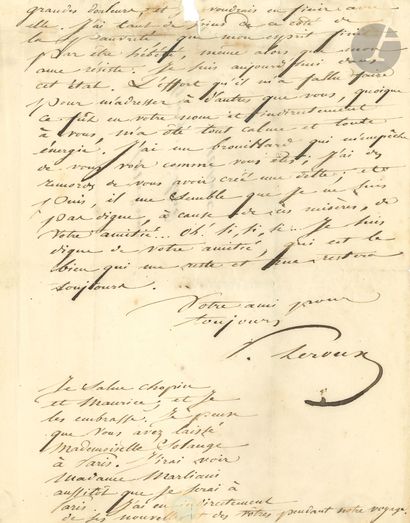 null Pierre LEROUX (1797-1871). 4 L.A.S., 1841-[1844?], to George Sand; 5 and a half...
