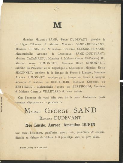 null [George SAND]. Faire-part de décès, Nohant 8 juin 1876 ; 1 page in-4 imprimée...
