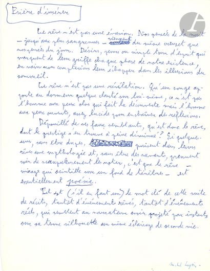 null Michel LEIRIS (1901-1990). Manuscrit autographe d’un Prière d’insérer ; 1 page...