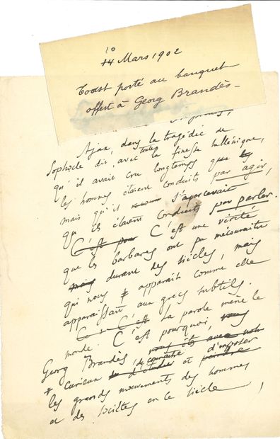 null Anatole FRANCE (1844-1924). Manuscrit autographe, Toast porté au banquet offert...