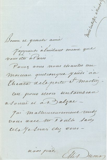 null Alexandre DUMAS père (1802- 1870). L.A.S., [mars 1854, à Pauline Viardot] ;...