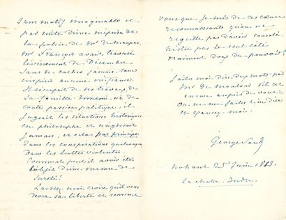 null George SAND. L.A.S., Nohant 25 juin 1853, à Victor de Persigny ; 3 pages in-8,...