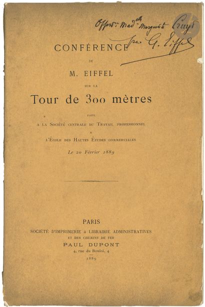null Gustave EIFFEL (1832-1923). Dedication a.s. on his brochure, Conférence de M....
