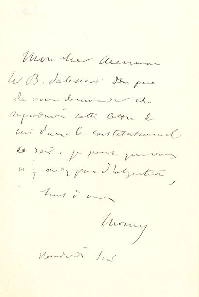 null Charles de MORNY (1811-1865). L.A.S., Vendredi soir, à Charles Merruau ; 1 page...