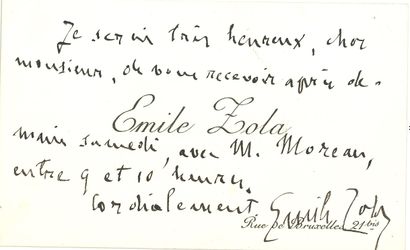 null Émile ZOLA (1840-1902). L.A.S. on his visiting card with the address Rue de...
