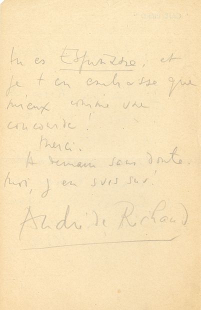 null André de RICHAUD (1907-1968). L.A.S., [1953], à Pierre Brasseur ; 2 pages in-8...
