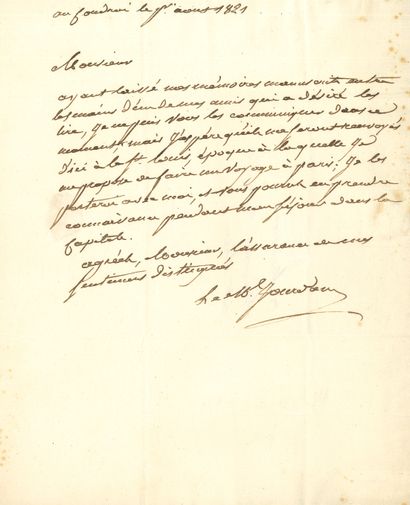 null Jean-Baptiste JOURDAN (1762-1833) maréchal. L.A.S., au Coudrai 1er août 1821,...