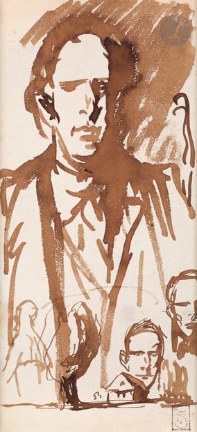 null Théophile-Alexandre STEINLEN. Original drawing in brown ink wash; 30 x 13.5...