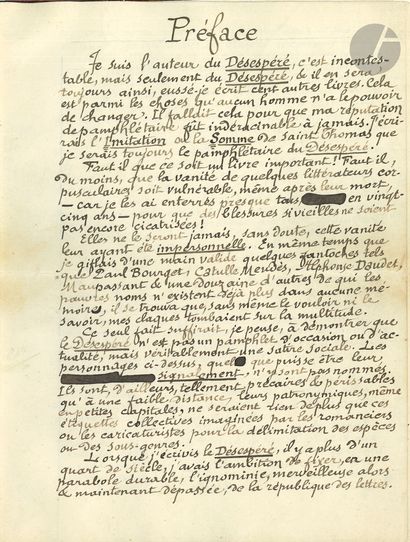 Léon BLOY. Manuscrit autographe signé, Préface,...