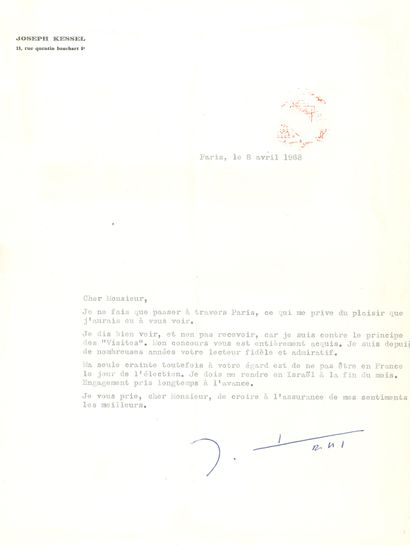 null Joseph KESSEL (1898-1979). L.S., Paris 8 avril 1968 ; 1 page in-4 dactyl., à...