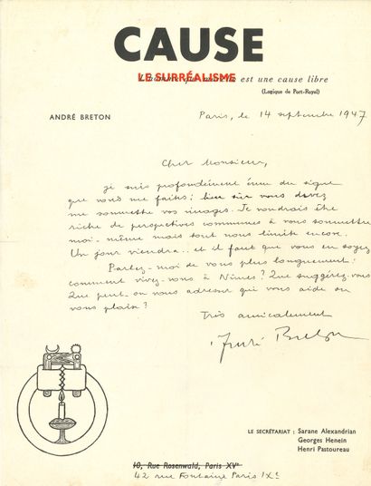 null André BRETON (1896-1966). L.A.S., Paris September 14, 1947; 1 page in-4 headed...