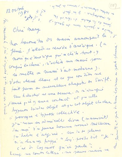 null Jean COCTEAU. L.A.S. "Jean," October 12, 1951, to Mary Hoeck; 1 page small in-4.

...