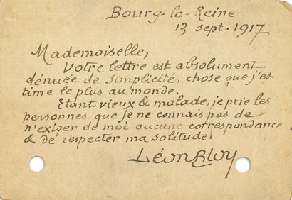 null Léon BLOY.L.A.S., Bourg-la-Reine 13 septembre 1917, [à Aniouta ROSENBLUM] ;...