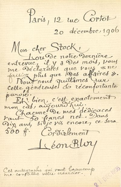 Léon BLOY. L.A.S., Paris, 12 rue Cortot 20...