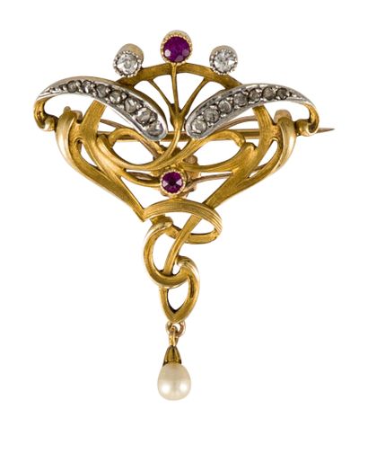 null 18K (750) gold pendant brooch with scrolls set with old-cut and rose-cut diamonds...