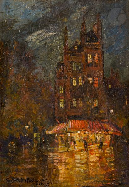  Constantin KOROVINE (1861-1939) 
View of Paris, 1927 
Oil on panel. 
Signed and... Gazette Drouot