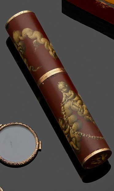  PARIS 1762 - 1768 Étui à message en vernis Martin, la monture en or. Le décor figure...