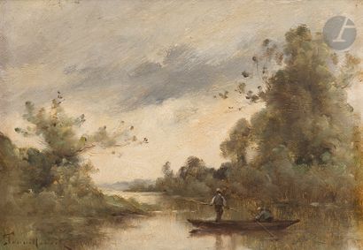null Paul-Désiré TROUILLEBERT (1829-1900)
Barque sur la rivière
Huile sur panneau.
Signée...