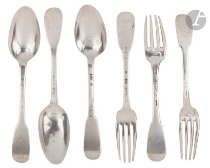 null FRANCE XVIIIth CENTURY
Two silver flatware, a fork and a spoon, uniplat model,...