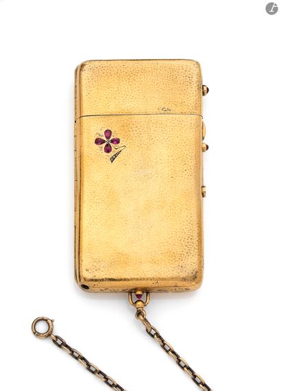 null Gilded silver evening bag, the lid decorated with a clover with 4 rubies, the...