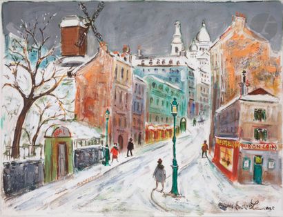 null Bruno Émile LAURENT (né en 1928)
Vue de Montmartre sous la neige
Gouache.
Signée...