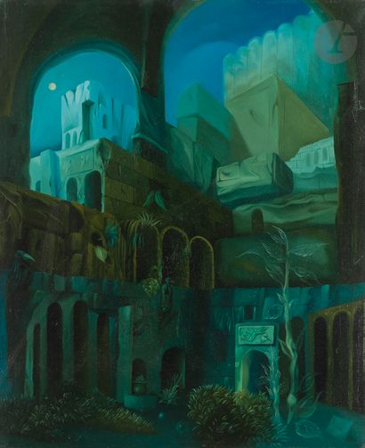 null Michel JOSEFOWICZ (born in 1941
)Temple with birds in the moonlight, 1970Oil
on...