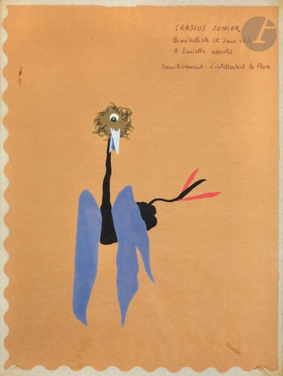 null Georges HUGNET (1904-1974)
Crassus Junior
Gouache sur papier nappe.
Légendée...