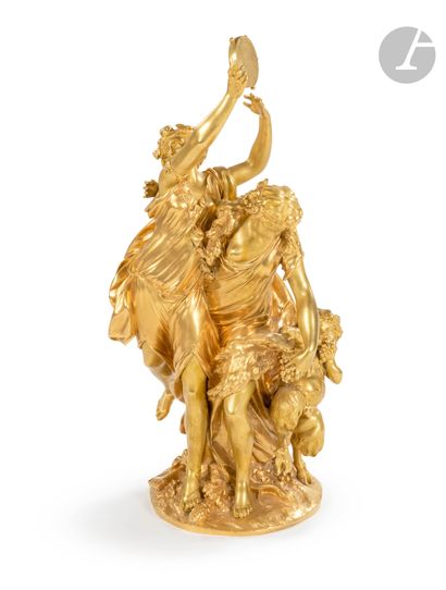 null Groupe en bronze doré représentant deux bacchantes et un enfant satyre, inscrit...