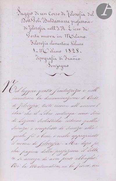 null [PHILOSOPHIE]. [Italie].
Saggio di un corso di filosofia del Dott. Poli Baldassarre...