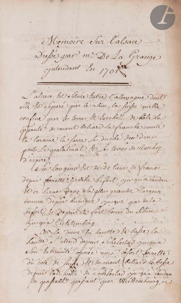 null [ALSACE]. Mémoire sur l’Alsace dressé par Mr de la Grange intendant en 1701...