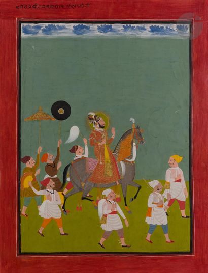 null Raja en parade, Inde du Nord, Rajasthan, vers 1800
Pigments et or sur papier...