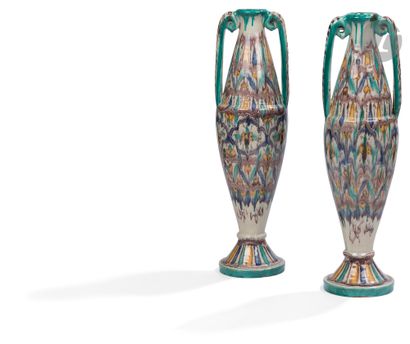 Pair of high vases with two scrolled handles,...
