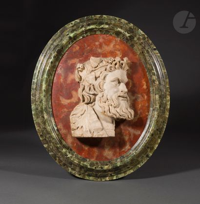 null Sculpture in high relief showing a three-quarter Silenus head
Her hair, with...