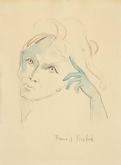 Francis PICABIA (1879-1953) Tête de jeune fille Mine de plomb rehaussée à l'aquarelle....