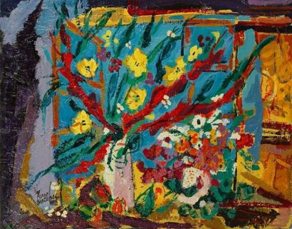 Marc BOUTEAU (né en 1935) Fleurs devant la fenêtre, vers 1975 Huile sur toile. Signée...