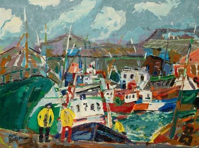 Marc BOUTEAU (né en 1935) Kéroman - Port de pêche, vers 1978 Huile sur toile. Signée...