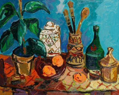 Marc BOUTEAU (né en 1935) Nature morte au vase marocain, vers 1968 Huile sur toile....