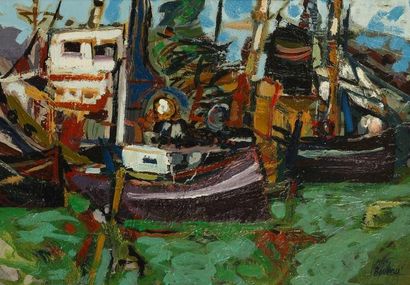 Marc BOUTEAU (né en 1935) Douarnenez - Vieux bateaux, vers 1968 Huile sur toile....