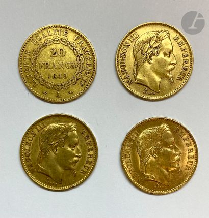 null 4 pièces de 20 Francs or : - 3 pièces de 20 Francs en or. Type Napoléon III...