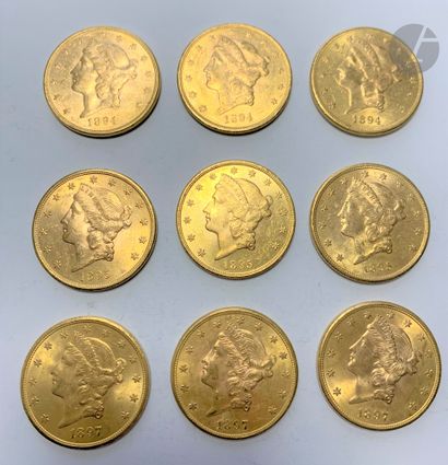 null 9 pièces de 20 Dollars en or. Type Liberty. 1894 S (3) - 1895 S (2) - 1895 -...