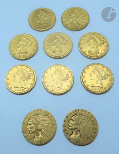 null 10 pièces de 5 Dollars en or : - 8 pièces de 5 Dollars en or. Type Liberty....