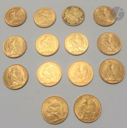 null 14 pièces de 20 Francs en or. Type Coq. 1907 (12) - 1908 - 1909