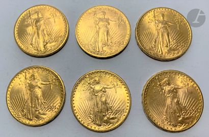 null 6 pièces de 20 Dollars en or. Type Saint Gaudens. 1908 (2) - 1911 D (4).