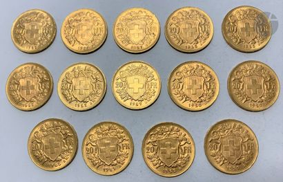 null 14 pièces 20 Francs suisses en or. Type Helvetia. 1925 B (8) - 1927 B (5) -...