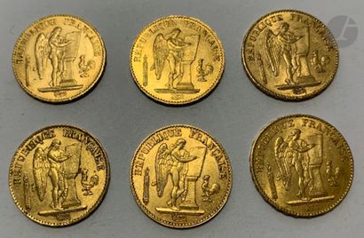 null 6 pièces de 20 Francs en or. Type Génie. 1875 A (2) - 1876 A - 1877 A (2) -...